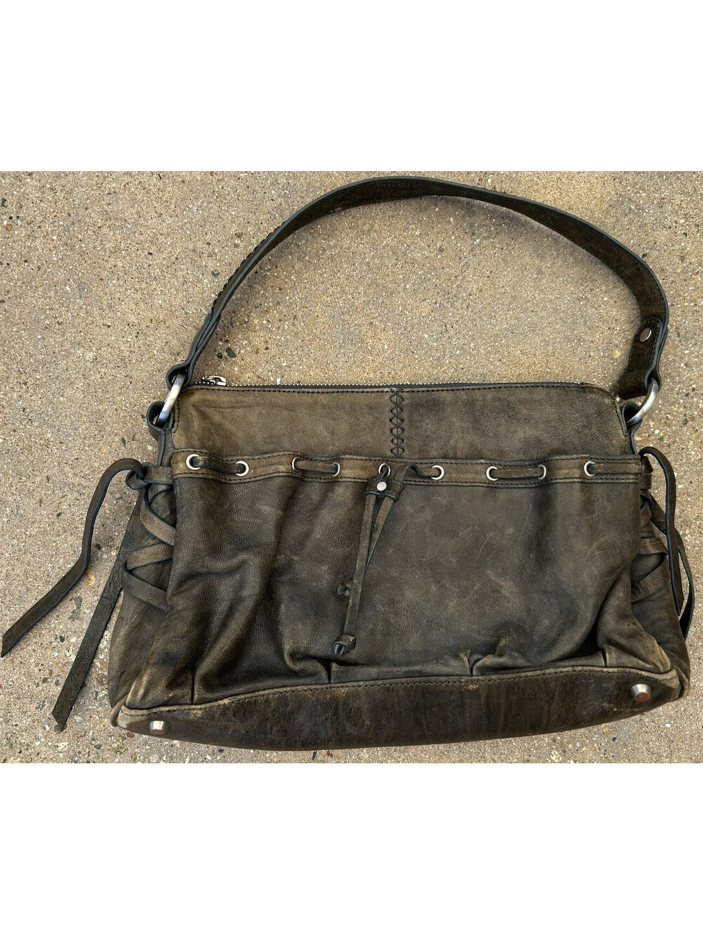 Junior Drake Medium Brown Tan Leather Purse Handbag Silver Copper Trim